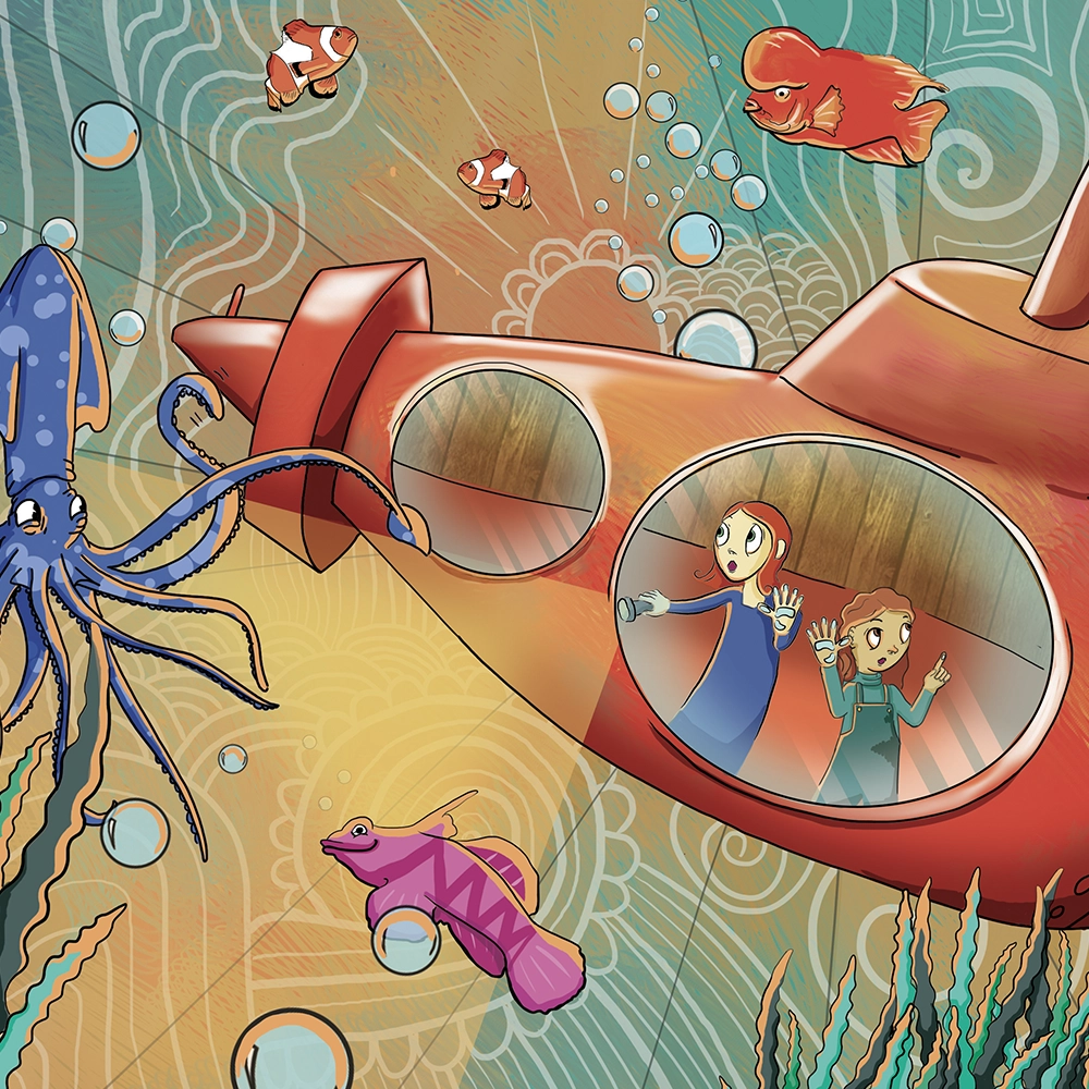 colourful digital painting of two children in a submarine underwater